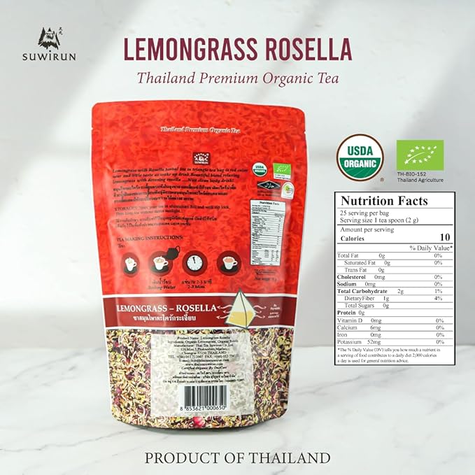 Suwirun Organic Lemongrass & Roselle Tea 25 Bags – Product of Thailand – Tangy Hibiscus & Citrus Herbal Blend, Caffeine-Free, No Calories, Naturally Sweet & Refreshing