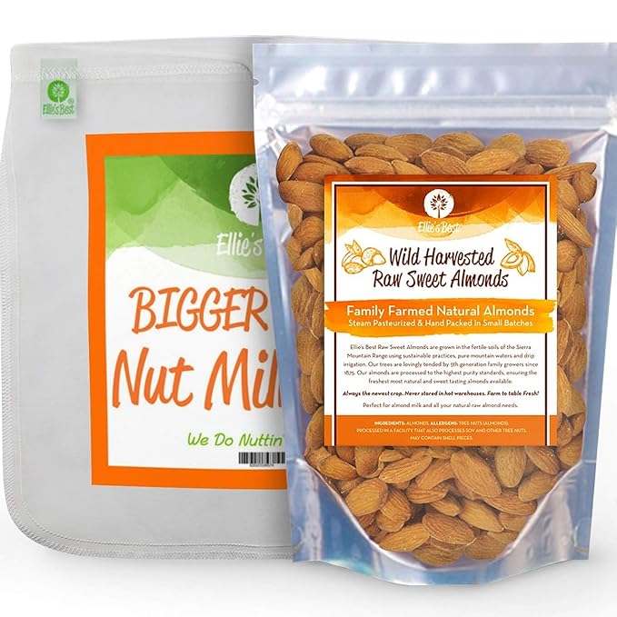 Pro Quality Nut Milk Bag & Raw Almonds - Kit includes Ellie's Best 12"X12" Reusable All Purpose Food Grade Nut Milk Bag Strainer & 1lb of Farm Fresh Wild Harvest Raw Almonds & Free Recipe Book