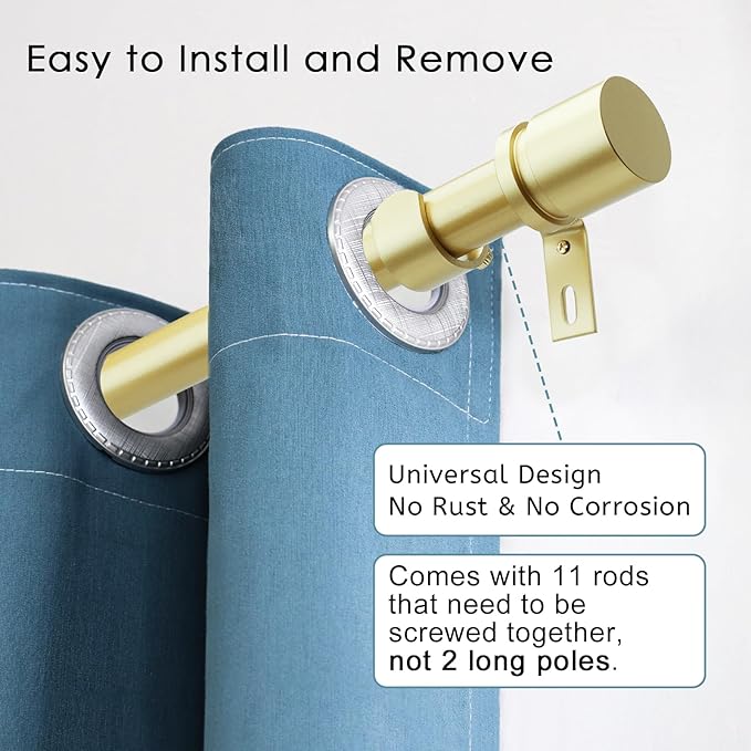 Curtain Rods for Windows 16 to 170 Inches Adjustable Length 1 Inch Diameter Window Curtain Rod with Aluminium Finials, Warm Gold