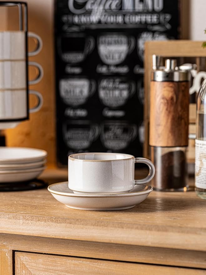 Gomakren 6 Ounce Cappuccino Cups with Saucers and Metal Stand, Stackable Coffee Cup Set of 4, Christmas Porcelain Espresso Cups for Coffee Drinks, Cappuccino, Latte, Americano, Tea, White