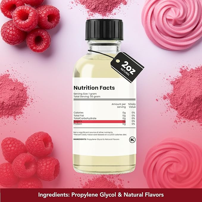 Dolce Flav Natural Raspberry Extract 2 oz – Kosher, Sugar-Free, Concentrated Tart Raspberry Flavoring for Baking, Beverages & Desserts, Includes Measured Dropper
