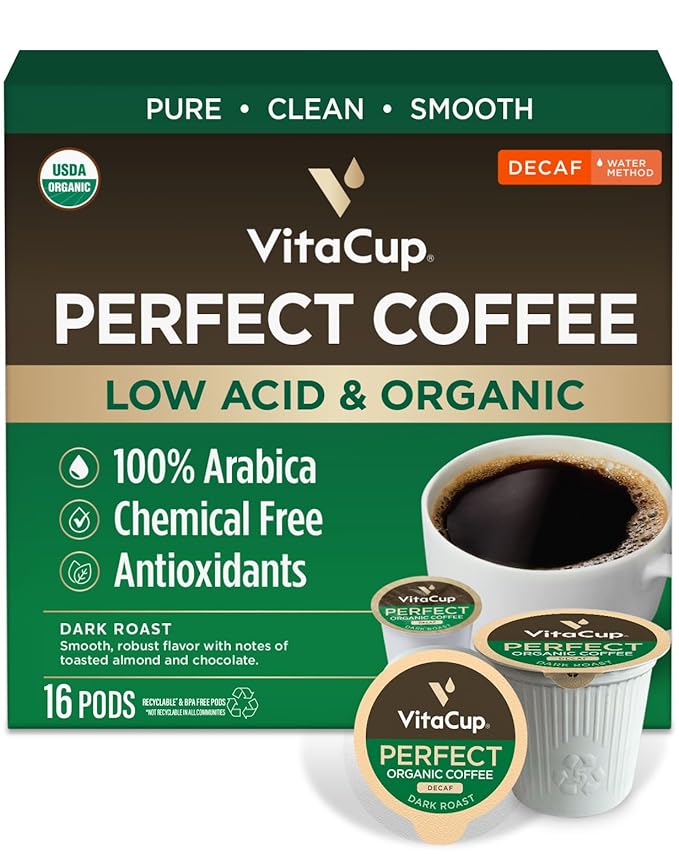 VitaCup Organic Perfect Dark Roast Decaf Coffee Pod for Pure & Clean Energy, Antioxidants, Low Acid, Peru Single Origin in Recyclable Single Serve Pod compatible w/Keurig K-Cup Brewers,16CT