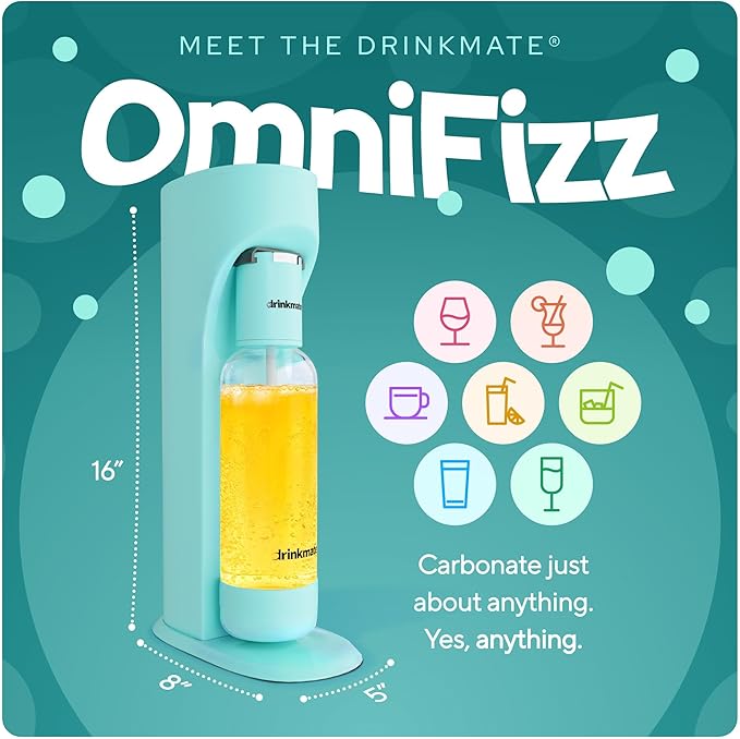 Drinkmate OmniFizz Sparkling Water and Soda Maker, Carbonates Any Drink, Special Bundle - Includes 60L CO2 Cylinder, Two Carbonation Bottles, and Fizz Infuser (Arctic Blue)