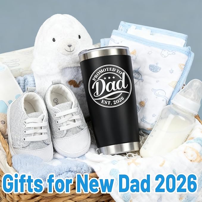 Promoted to Dad Est. 2026 Tumbler - New Dad Christmas Gifts, Gifts for First Time Father, New Father to Be, 20oz Stainless Steel Insulated Tumbler with Lid, Husband Gift from Wife, Black