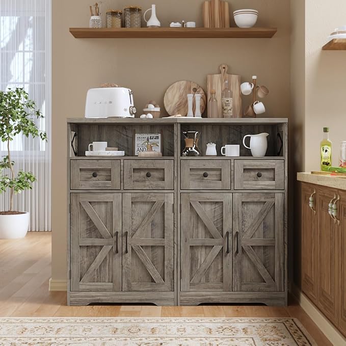 Farmhouse Storage Cabinet with Drawers and Shelf, Freestanding Kitchen Pantry Hutch for Kitchen, Living Room, Home Office, Rustic Grey