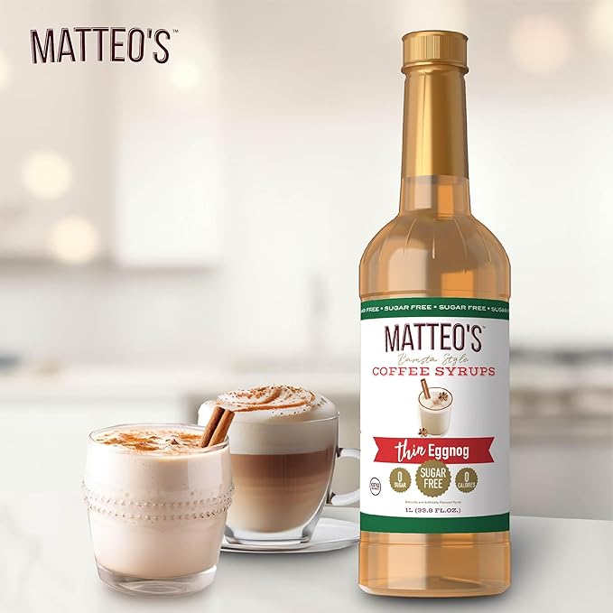 Matteo's Eggnog Syrup for Coffee, Lattes, Cappuccinos & Desserts – Sugar-Free Sweetener for Beverages, Keto Friendly, Zero Calories, Indulgent Flavor, Non-Alcoholic, Ideal for Hot Drinks 33.8oz (1pk)