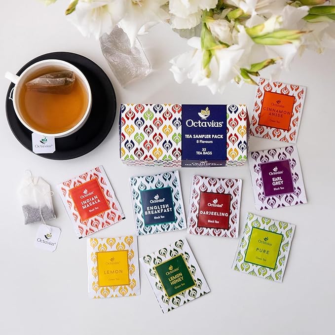 Octavius Tea Sampler Pack | 8 Assorted Black & Green Teas | 32 Premium Tea Bags | Variety Sampler Pack | Pack of 4