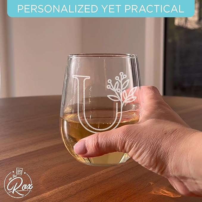 On The Rox Drinks Monogrammed Gifts For Women and Men - Letter A-Z Initial Engraved Monogram Stemless Wine Glass - 17 Oz Personalized Wine Gifts For Women and Men (U)