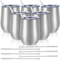 6 Pack Stainless Steel Wine Tumblers, 12Oz Insulated Wine Tumbler, Double Wall Insulated Wine Glass, Stainless Steel Stemless Wine Cups with Lids for Coffee, Wine, Cocktails, Champaign, Silver