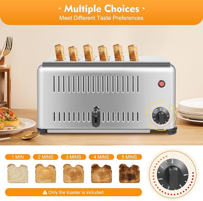 6 Slice Toaster 1.1in Wide Slot, Commercial Toaster with 2 Toasting Modes(4 or 6 Slices), 201 Stainless Steel Bread Baking Machine for Various Toast Types, 1680W 110V