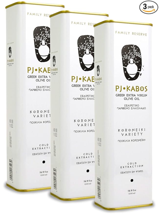 P.J. KABOS 2024/25 Harvest, High Phenolic (450+mg/kg), Premium Greek Extra Virgin Olive Oil, Kosher, Greece, Cold Extracted, 3 x 16.9 oz Tin, Koroneiki, "Family Reserve - Medium"
