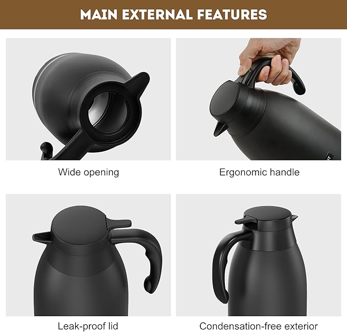 Thermal Coffee Carafe 2L/68 Oz Double-Wall Vacuum 304 Stainless Steel Insulated Thermoses Flask, 24-Hour Keeps Hot/Cold, Leak-Proof, for Travel, Work, Outdoor, BPA-Free, Easy to Clean