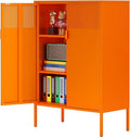 Orange 3 Tier Metal Storage Cabinet with Legs, 2 Door Metal Locker Style Accent Storage Cabinet with 2 Adjustable Shelves for Home, Office, Entryway and Hallway