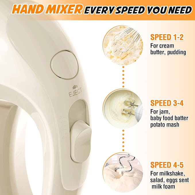 Handmixer Electric Handheld - 5 Speed Portable Kitchen Mixer Electric with 5 Stainless Steel Accessories Whisk, Food Beater for Whipping Mixing Cookies(Ivory)