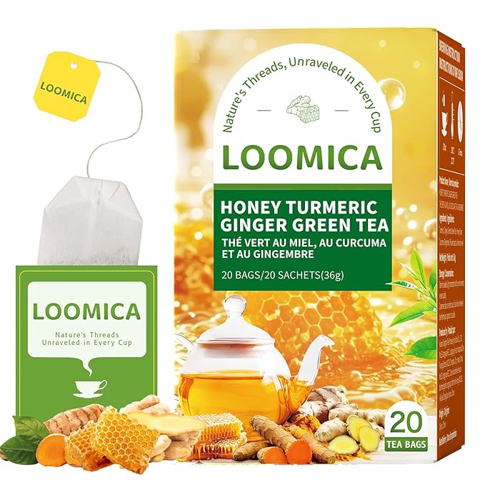 LOOMICA Honey Turmeric Ginger Green Tea, Naturally Caffeinated, Smooth Green Tea Blend with Golden Spice & Honey Flavor, Naturally Uplifting, No Artificial Sugar Added, 20 Count