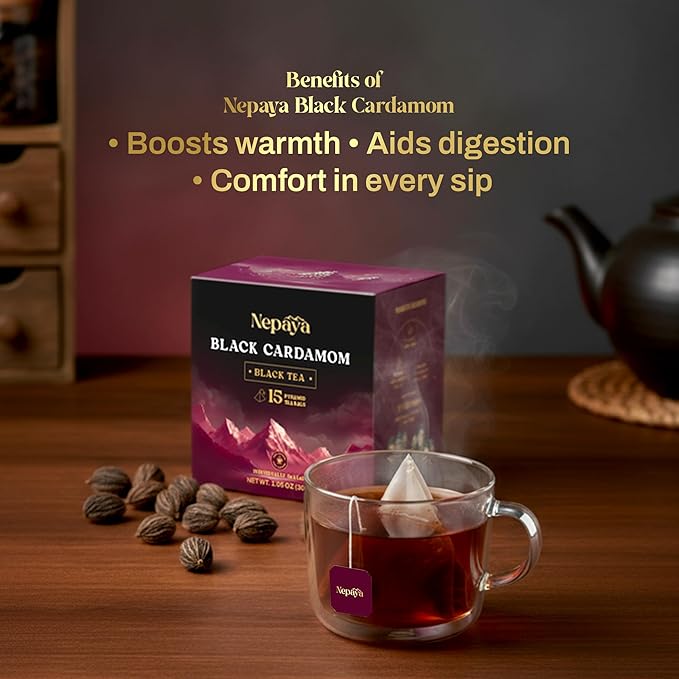 Nepaya Black Cardamom Black Tea – 15 Pyramid Tea Bags, Robust & Smoky, High Caffeine, Biodegradable, Himalayan Whole-Leaf Tea, Coffee Replacement