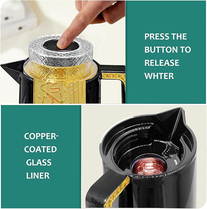 Arabic Style Insulated Coffee Carafe,33 oz,Vacuum Thermal Pot Double Wall Insulation with Lid Teapot,Keeping Hot/Cold,Tea, Water, and Coffee Dispenser,Housewarming Ornaments (Black and Gold)