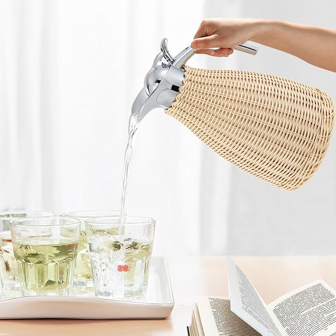 Stainless Steel Coffee Thermal Carafe, 50 Oz/1.5 L Woven Rattan Insulated Coffee Carafe Double Walled Vacuum Insualted 20 Hour Heat Cold Retention (White)