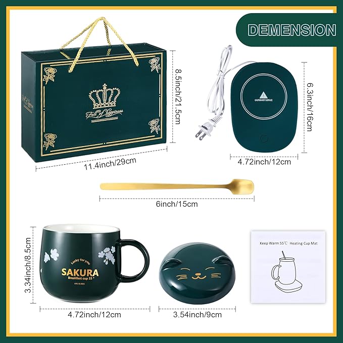 Honeydak Coffee Mug Warmer Cute Cat Mug Set Cup Warmer for Desk for Women Heated Coffee Warmer for Mom Home Office Christmas Birthday Gifts(Green)
