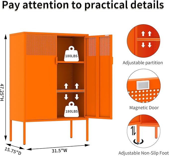 Orange Metal Storage Cabinet with 2 Doors - 47''H Locker Cabinet, 3 Tier Locker with Adjustable Shelves, Office Storage Locker for Office, Home, Living Room, Kitchen