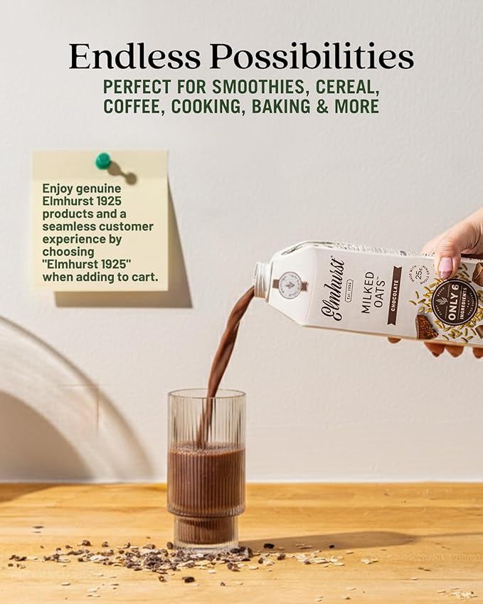 Elmhurst 1925 Chocolate Oat Milk - 32 Ounce (Pack of 6) Dairy-Free, Vegan, Kosher, Gluten-Free, Less Sugar, Shelf Stable Plant Based Milk Made with Whole Grain Oats & Cocoa for Smoothies & Baking
