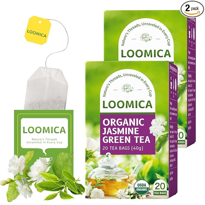 LOOMICA Organic Jasmine Green Tea Bags, Organic Green Tea with Jasmine Flowers, Refreshing & Aromatic, Floral Infusion for Relaxation, No Sugar Added, 20 Counts, (Pack of 2)