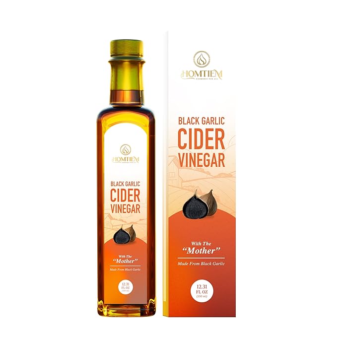 Homtiem Black Garlic Cider Vinegar– Naturally Fermented with “The Mother”, A Unique Alternative to Apple Cider Vinegar, Rich in Antioxidants, Supports Digestion & Detox, Gluten Free, Perfect for Salads & Drinks (350ml)