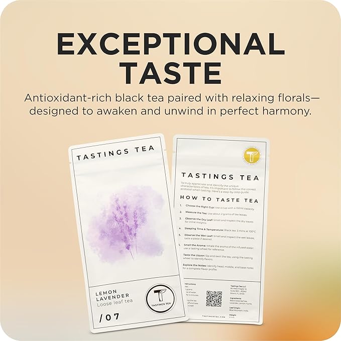 Tastings Tea Lemon Lavender Loose Leaf, 4.5 oz | Black Citrus Blend & Fruit Infusion | Medium Caffeine | Natural Antioxidants for Wellness | Small Batch & Sustainably Sourced | Resealable Pouch