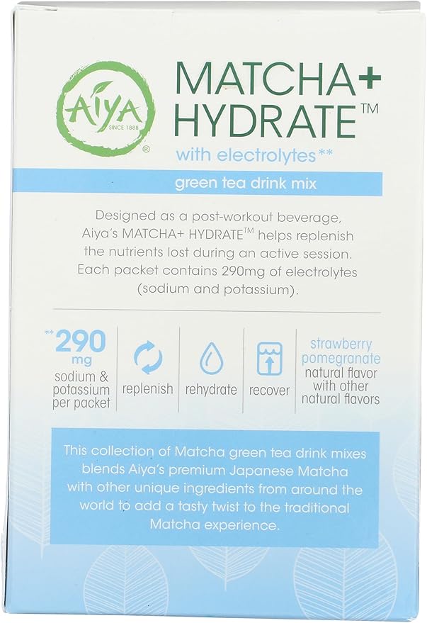 Aiya Matcha+ Hydrate ™ - Strawberry Pomegranate Matcha Drink Mix with Electrolyte - Premium Japanese Matcha Hydrating Powder Blend - 290mg Electrolytes per Packet - Non-GMO - 8 Sticks