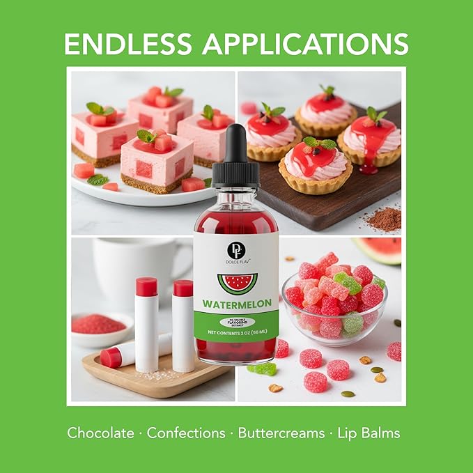 Dolce Flav Watermelon Extract – 2 Ounce Oil-Soluble Kosher, Sugar-Free, Concentrated Juicy Watermelon Flavoring for Baking, Chocolates & Desserts, Includes Measured Dropper