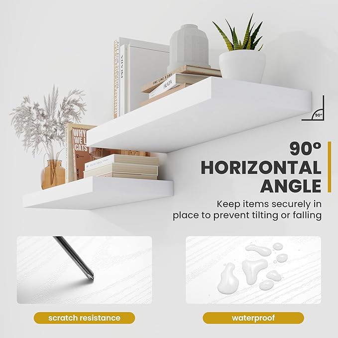 36 Inch Floating Shelves, 9.3" Deep Floating Shelf Wall Mounted, 36" Wall Shelves, Rustic Deep Bookshelf, Large Display Shelves & Storage Shelves for Bedroom, Living Room, White, Set of 2