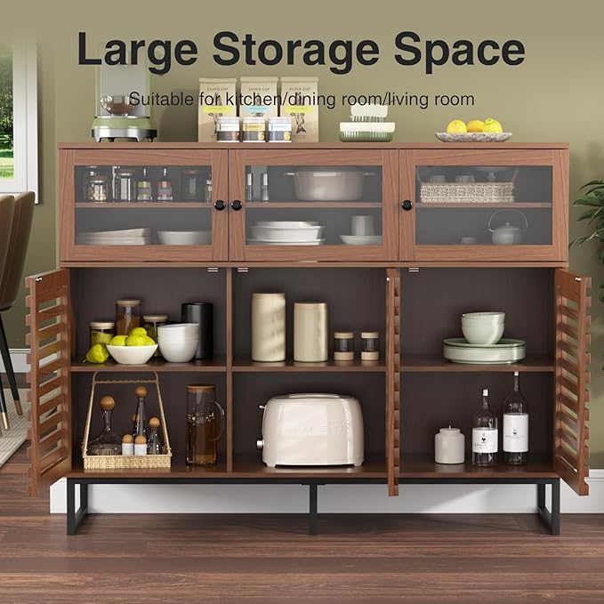 Vabches 47.2" Buffet Cabinet with Storage, Mid Century Modern Sideboard Coffee Bar Cabinet with Grille Doors & Adjustable Shelves for Kitchen, Dining Room, Living Room, Walnut