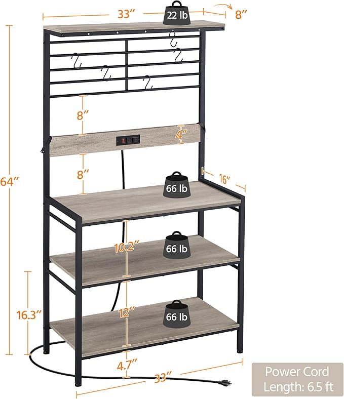 Yaheetech Bakers Rack with Power Outlet, Shelf Unit Coffee Bar Station with 5 S-Hooks & Adjustable Feet, Microwave Stand with Storage Shelf for Dinning Room/Living Room, Gray
