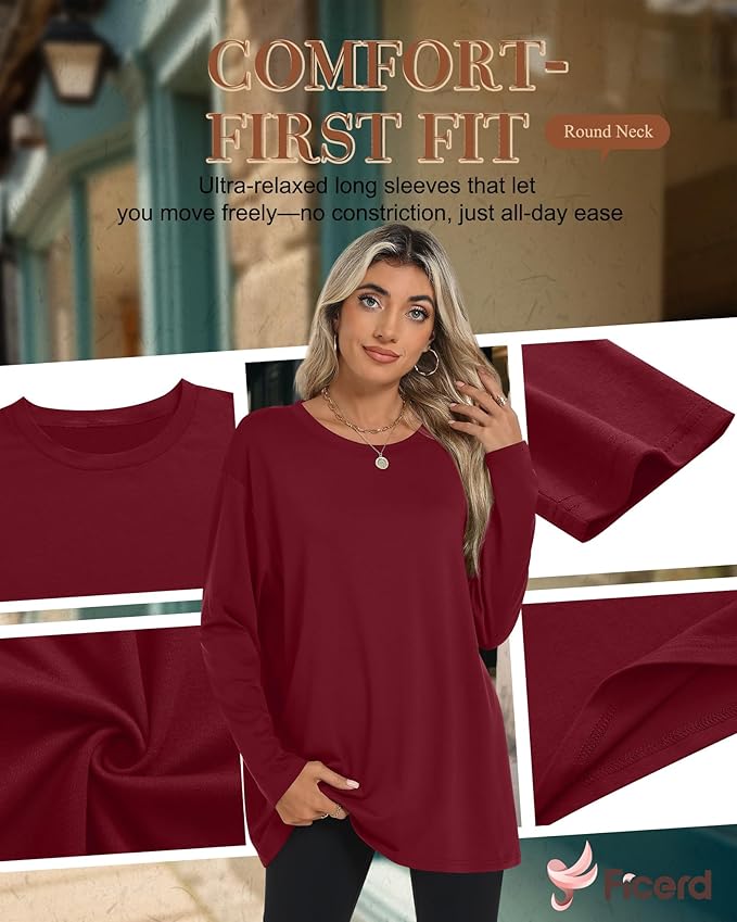 Ficerd 3 Pack Women's Oversized Long Sleeve Shirts Cotton Gym Round Neck Tops Loose Fit Casual Workout Baggy Fall Basic Tee