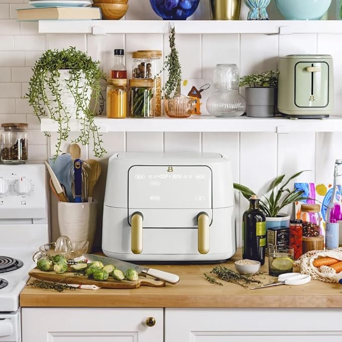 Beautiful 9QT TriZone Air Fryer, White by Drew Barrymore – Dual & Single Zone Cooking, Sync Cook & Finish, 6 Presets, Family Size, Elegant Matte Design, Dishwasher Safe