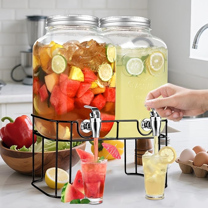 2 Gallon Glass Drink Dispensers For Parties，Lemonade Beverage Dispenser With Stand And Spigot For BBQ, Picnic, Party,Laundry Detergent Dispenser
