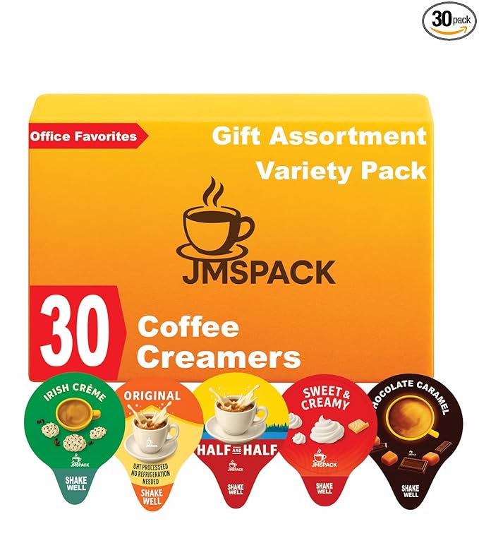 Variety Pack Creamers Liquid Creamer Singles | Gift Assortment Box | Coffee Cream, Half & Half, Original, Irish Creme, Italian Sweet Creme & Chocolate Caramel - No Refrigeration - Box Of 30, As gift 25 Plastic Stirriers