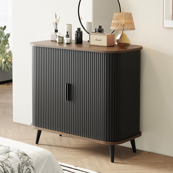 Accent Cabinet with Sliding Doors - Black Sideboard Buffet Cabinet with Storage for Coffee Bar, Console Table - MCM Design Bar Cabinets for Modern Home Décor