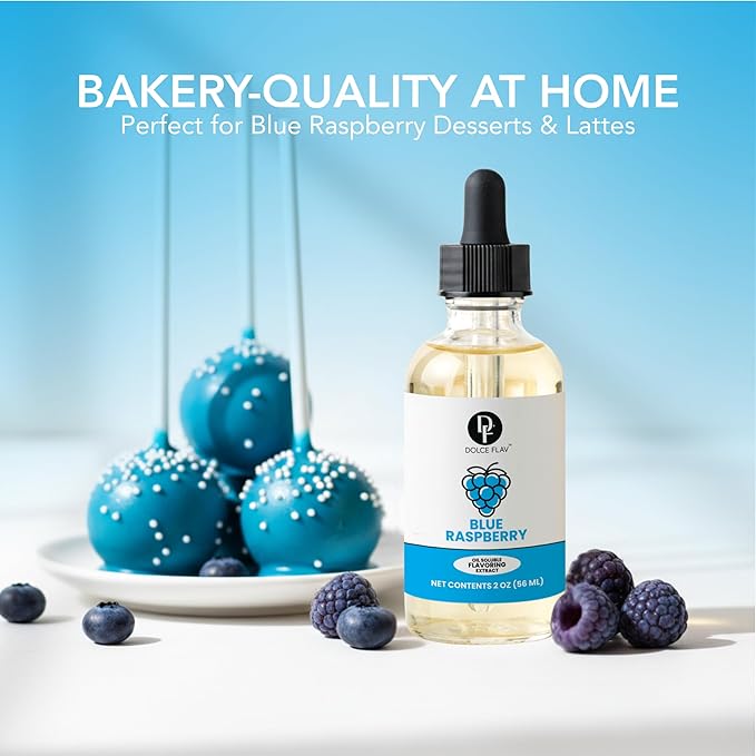 Dolce Flav Blue Raspberry Extract – 2 Ounce Oil-Soluble Kosher, Sugar-Free, Concentrated Blue Raspberry Flavoring for Baking, Chocolates & Desserts, Includes Measured Dropper