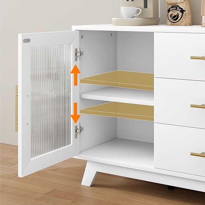 GarveeHome 56 Inch Buffet Cabinet Sideboard with Fluted Glass Doors and Gold Handles, Modern Sideboard Storage Cabinet with Adjustable Shelves, Coffee Bar Table for Kitchen Dining Room Living Room