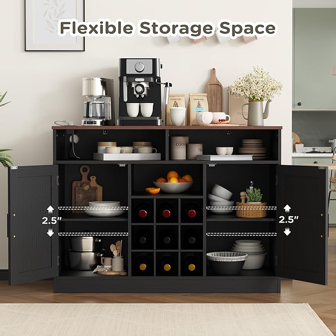 MHOM Farmhouse Buffet Cabinet with Prower Outlets, Rustic Sideboard Buffet with Wine Rack, Wooden Buffet Table for Dining Room, Antique Black