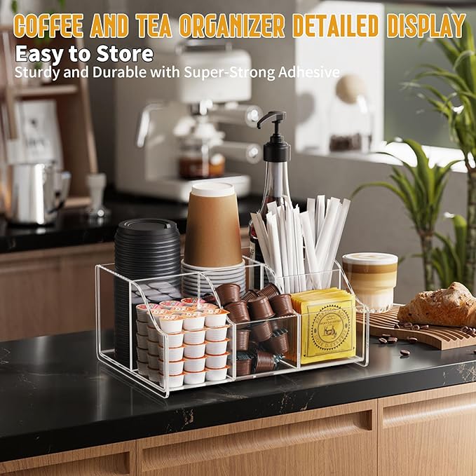 Acrylic Coffee Bar Organizer Station - Multiple Compartments - Kitchen Bar Tools Storage Rack - Beverage Station Organizer for Coffee Creamer Syrup