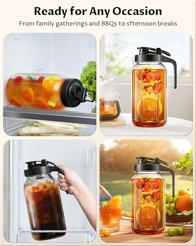 64 oz Mason Jar Pitcher, 2 Quart Glass Water Pitcher with Lid, Airtight Seal for Great for Iced Tea, Juice, Milk, Coffee, Sun Tea, Lemonade, Set of 1(Black)