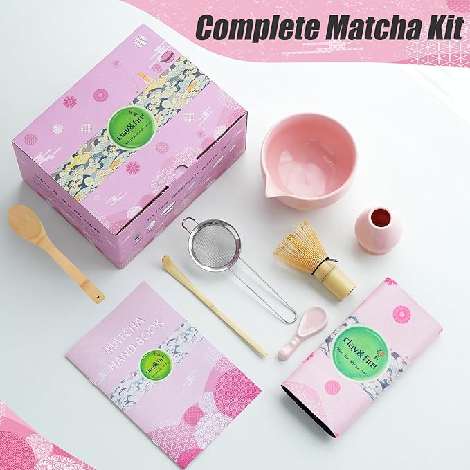 Clay&Fire Matcha Whisk Set, 9 pcs Ceramic Matcha Set, Gifts for Women,Matcha Bowl with Spout and Whisk, Matcha Kit for Matcha Lovers, Ideal Gift Christmas, Birthday, Anniversary(Pink)