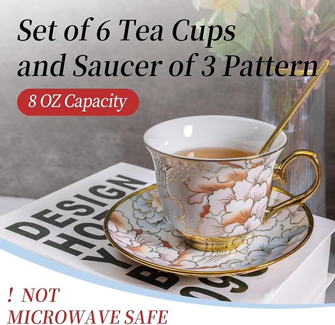 8 OZ Tea Cups and Saucers, 18 PCS Ceramic Vintage Tea Cups Set of 6, Blue Floral Cup Bulk for Cappuccino Coffee Espresso Lattes Afternoon Tea Housewarming Party Supply Thanksgiving Christmas Gifts