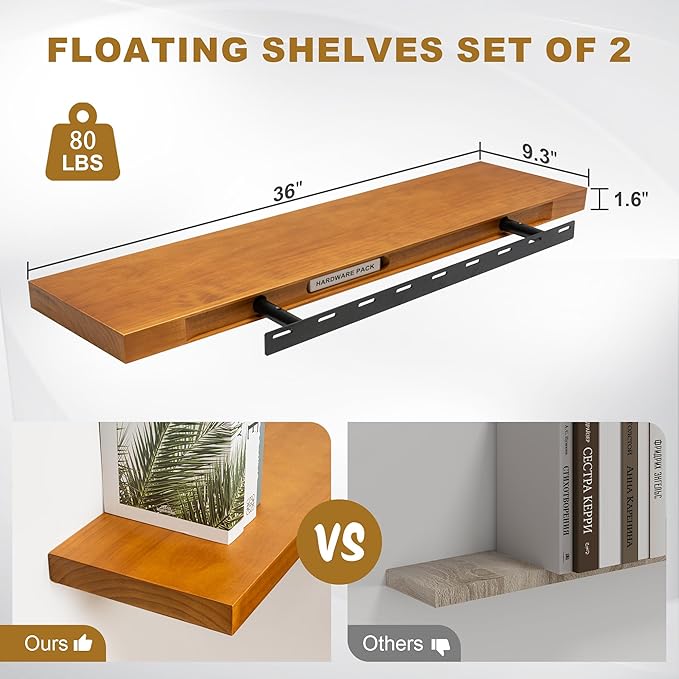 Fun Memories Floating Shelves, 9.3'' Deep Solid Pine Wood Wall Shelves for Storage, Wall Mounted Display Shelf with Invisible Heavy-Duty Metal Bracket, 36'' Width Set of 2, Honey Oak