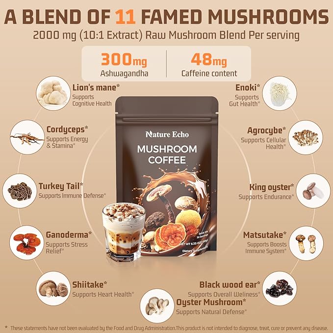 Mushroom Coffee 11 in 1 Mushrooms with Ashwagandha, Lion's Mane, Reishi, Cordyceps, Shiitake, King Oyster & Turkey Tail,Instant Coffee Powder for Boosts, Energy, Focus & Immunity Support(30 Servings)