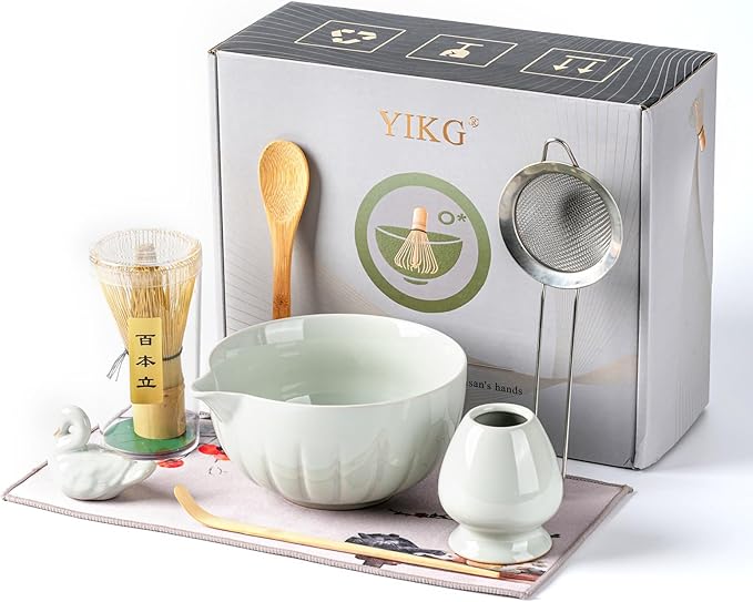 Matcha Whisk Set - 8PCS Japanese Tea Set Includes Matcha Bowl, Bamboo Whisk with Ceramic Holder, Bamboo Scoop, stainless steel sifter, tea towel, handle scoop,Matcha Kit for Ceremony(White/8PC)