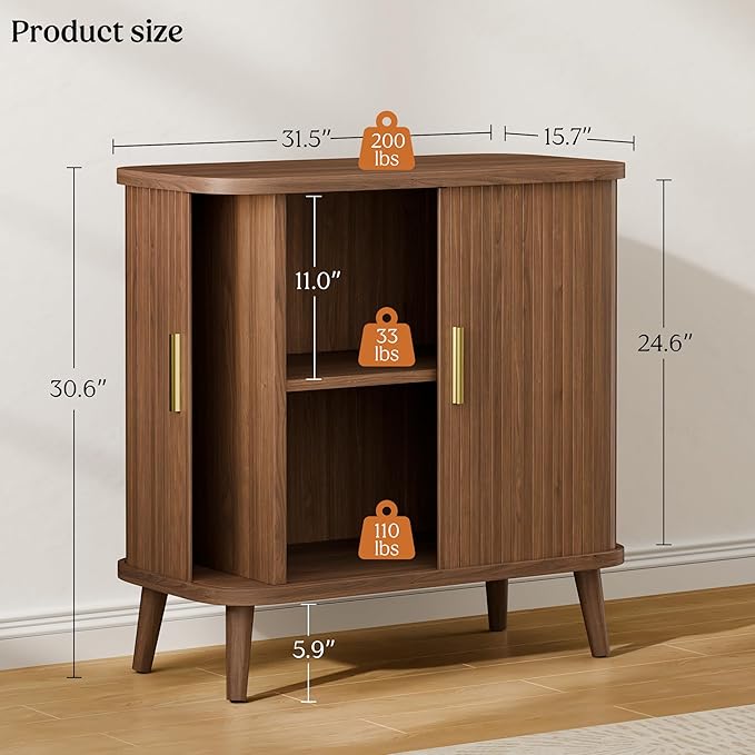 Lulive Walnut Buffet Cabinet, Sideboard Buffet Storage Cabinet with Rolling & Sliding Doors, Modern Bar Cabinet for Kitchen & Dining Room
