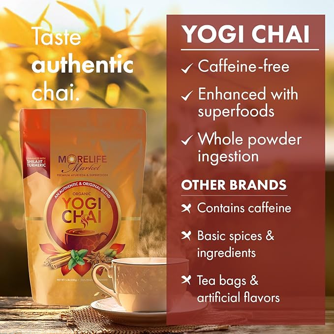 MoreLife Market Yogi Chai | Ayurvedic Turmeric & Shilajit Blend for Digestion, Immunity & Calm | Organic Herbal Tea Powder for Wellness | Caffeine-Free Traditional Indian Chai - 8oz (230g)